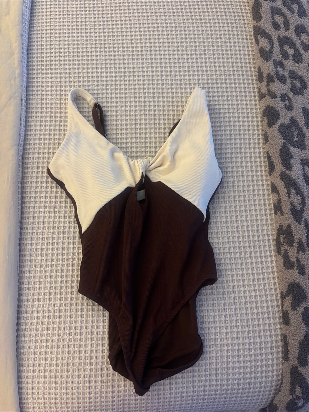 Time and Tru Cream and Chocolate Brown Twist-Front One-Piece